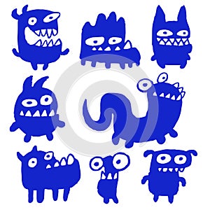 Cartoon Blue Flat Monsters. Vector Illustration.