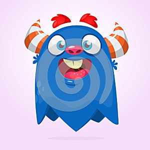 Cartoon blue funny monster. Halloween vector illustration of excited monster