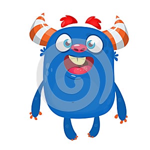 Cartoon blue funny monster. Halloween vector illustration of excited monster.