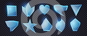 Cartoon blue glass banners set. Chrystal shapes. Transpatern glossy elements with light. Game design