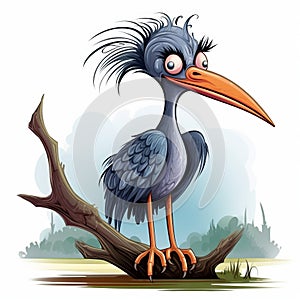 Cartoon Blue Heron On Branch: Grotesque Caricature Illustration