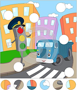 Cartoon blue lorry and traffic lights on a pedestrian crossing.