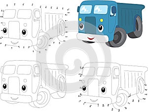 Cartoon blue lorry. Vector illustration. Coloring and dot to dot