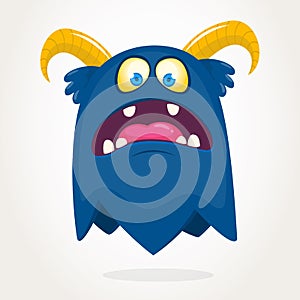 Cartoon blue monster. Monster troll illustration with surprised expression.