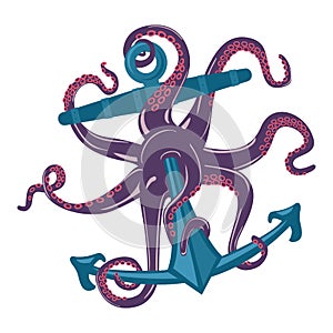 Cartoon blue octopus with tentacles and suction cups on anchor. Underwater cuttlefish or spineless mollusk,ocean or sea