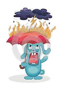 The cartoon blue rabbit screams and stands under a burning umbrella