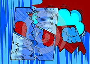 Cartoon blue and red background, comic book backdrop. Retro comics pop art design