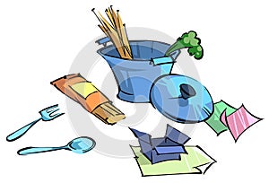 Cartoon blue saucepan with pasta and greens. Nearby lie a lid, fork, spoon, box and recipes. Vector illustrations