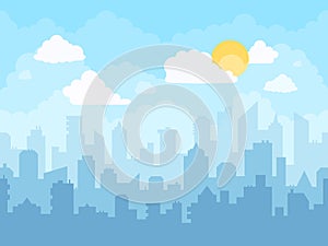 Cartoon blue sky cityscape. Cloudy sky, city skyline landscape, midday graphic urban silhouette cityscape illustration