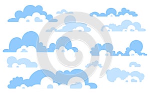Cartoon Blue sky with clouds on the shiny day. Silhouette of white fluffy clouds isolated on white background.