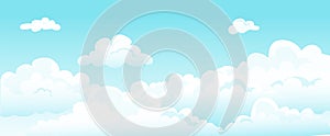 Cartoon blue sky and curly clouds. Vector white cloud beauty dreams horizontal background. Cover fluffy white heavenly photo