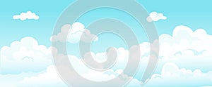 Cartoon blue sky and curly clouds. Vector white cloud beauty dreams horizontal background. Cover fluffy white heavenly