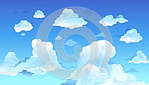 Cartoon blue sky. Realistic summer clouds, clean nature landscape. Daytime cloudy heaven. Weather forecast or