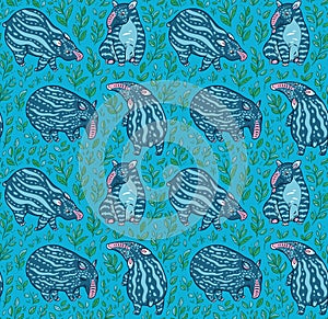 Cartoon tapirs seamless pattern. Blue tapirs with light stripes in the leafs. Vector illustration photo