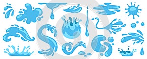 Cartoon blue water. Falling drops, tears and splashes. Liquid puddles, floating plop, aqua splat, different water shapes