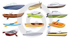 Cartoon boat types. Marine boats with paddles, color canoes and powerboat for fishing vector illustration set