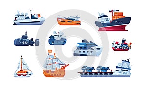Cartoon boats. Sea transport. Fishing trawler and cargo ship. Wooden sailboat. Funny submarine and warship. Ferry or