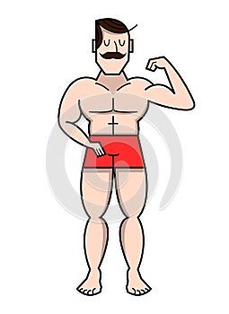 Cartoon bodybuilder demonstrates bicep, vector illustration