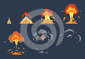 Cartoon bomb explosion animation. Exploding animated frames, atomic explode effect and explosions smoke vector