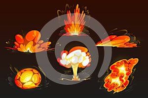 Cartoon bomb explosion set. Clouds, boom effect