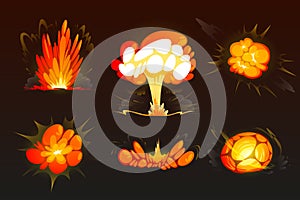 Cartoon bomb explosion set. Clouds, boom effect