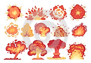 Cartoon bomb explosions, dynamite detonation fire burning clouds. Danger bomb explosion with fire and comic smoke clouds vector