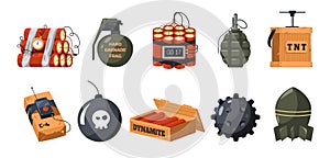 Cartoon bomb set. Dynamite and bomb military explosive ammunition devic eand artillery game asset. Vector collection