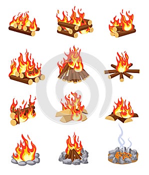Cartoon bonfire. Summer campfires flame with firewood. Burning stacked wood. Flat gaming camping design isolated vector photo