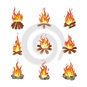 Cartoon bonfire. Tourist summer campfires flame, firewood torch fireplace burning stacked wood flat gaming design vector
