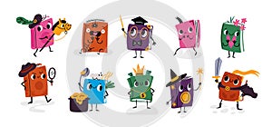 Cartoon books characters. Cute library publications mascots. Different styles of literature. Emotion expressions. Paper