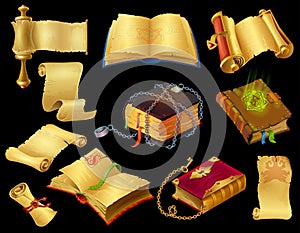 Cartoon books and scrolls. Game UI icons of ancient medieval papyrus and fantasy magic spell. Vector mobile and computer