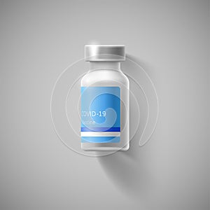 Cartoon bottle of coronavirus vaccine. Covid vaccination concept. Realistic vector illustration on isolated background