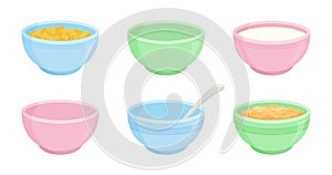 Cartoon bowl, cereal breakfast, porridge oatmeal, plate with milk , empty cup with spoon. Ceramic dish vector icon. Colorful