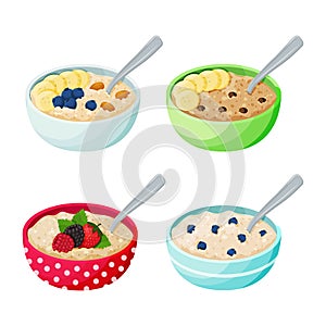 Cartoon bowl with porridge set. Oatmeal and cereal with berries, fruits, chocolate drops and nuts.