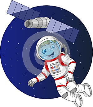 Cartoon boy astronaut flying in space