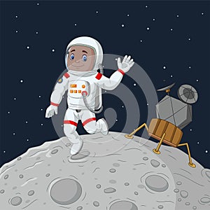 Cartoon boy astronaut waving hand