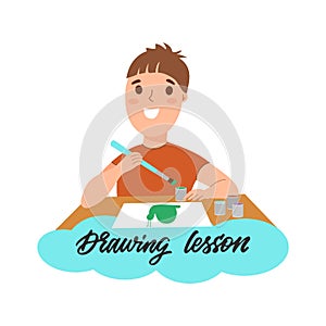This is a cartoon boy with a brush in hand at a drawing lesson. School illustration