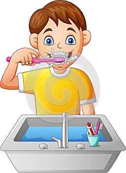 Cartoon boy brushing teeth