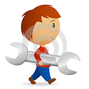 Cartoon boy carry big wrench spanner