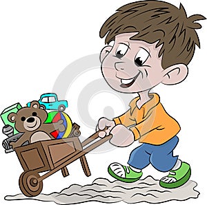 Cartoon boy carrying his toys with a wheel borrow vector illustration photo