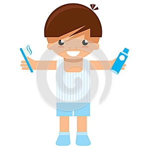 Cartoon boy character holding toothbrush and toothpaste to wash