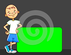 Cartoon boy character is leaning against the green screen panel. 2D, vector, illustration