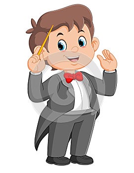 Cartoon boy conductor directing with baton