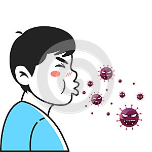 Cartoon of a boy cough sneeze expression and virus drawing