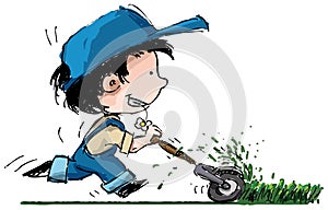 Cartoon boy cutting grass