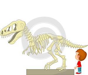 Cartoon Boy with dinosaur skeleton at the museum