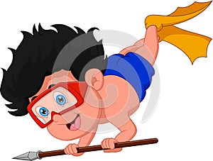 Cartoon boy diving and carrying a spear