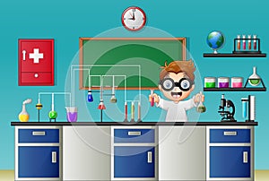 Cartoon boy doing chemical experiment in the laboratory