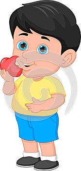 Cartoon boy eating apple on white background