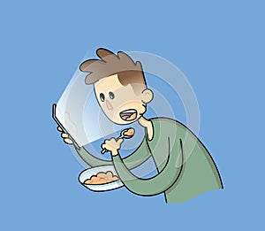 Cartoon boy eating with a phone in his hands. Telephone addiction, internet zombie. Gadget addiction, social media